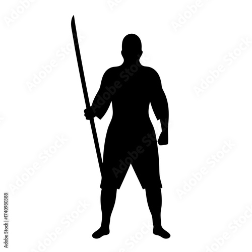Silhouette of a strong muscular man standing, holding a long staff