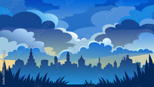 Stylized cityscape silhouette against a dramatic blue cloudy sky