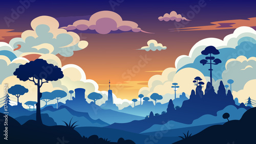 Stylized landscape with rolling hills and dramatic clouds at sunset