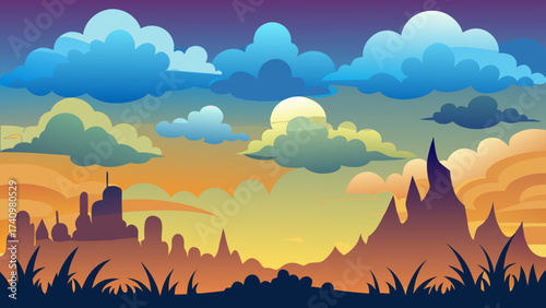 Fantasy landscape with colorful clouds and silhouetted mountains at sunset