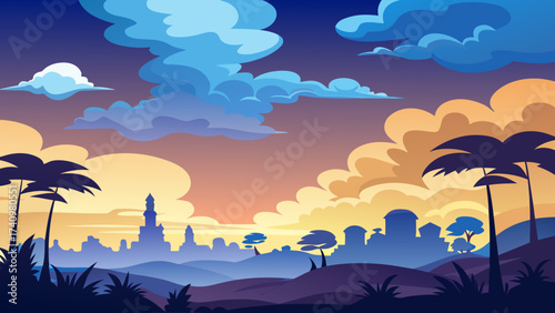 Stylized desert landscape at sunset with silhouette city and palm trees