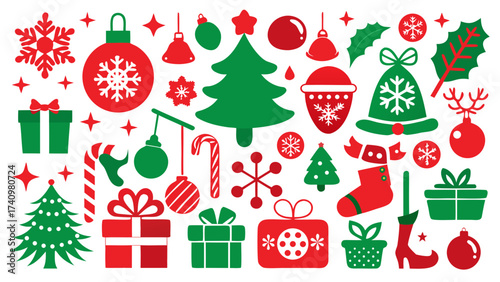 Collection of red and green christmas icons and decorations
