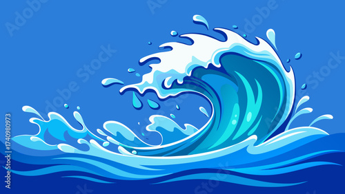 Stylized blue ocean wave crashing with white foam and splashes