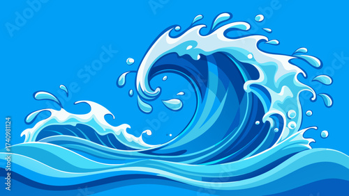 Dynamic blue ocean wave crashing with white foam and splashes