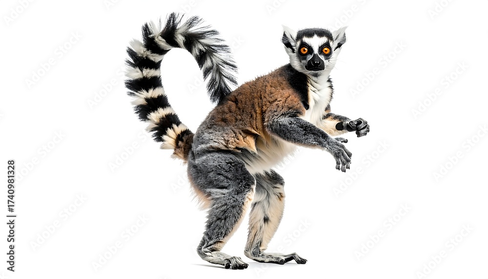 Naklejka premium An eye-catching, well-lit studio shot featuring a ring-tailed lemur standing on its hind legs against a clean white backdrop