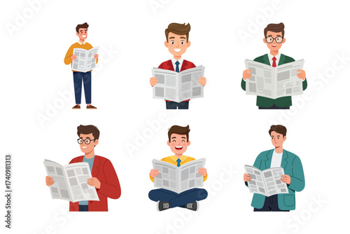Diverse People Reading Newspapers in Various Poses for Media Concepts