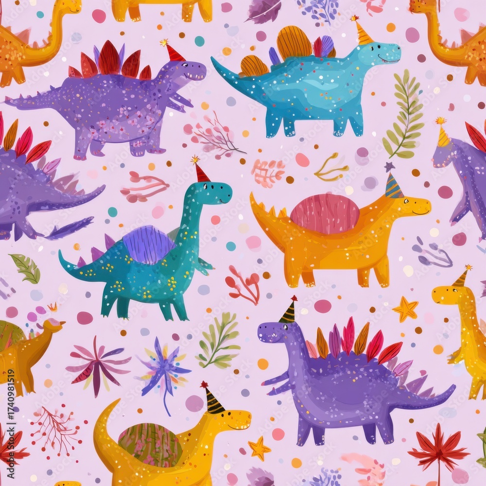 Fototapeta premium Colorful Dinosaurs with Party Hats: Whimsical and Playful Illustrations for Cheerful Children's Design and Nursery Decor Featuring Vibrant Pastel Patterns and Friendly Prehistoric Flora and Fauna