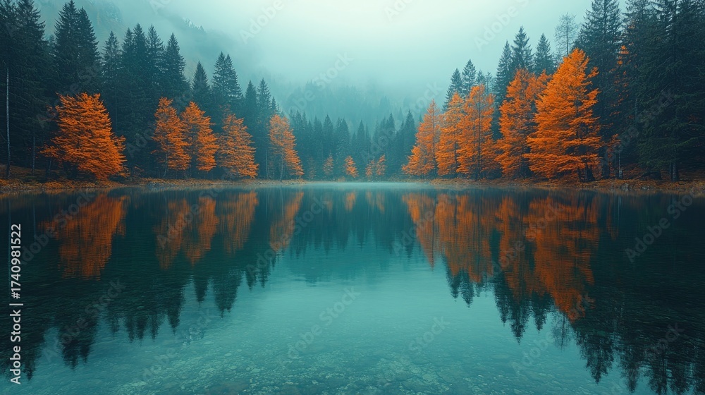 Fototapeta premium Serene Autumn Reflection in a Misty Forest Lake Landscape