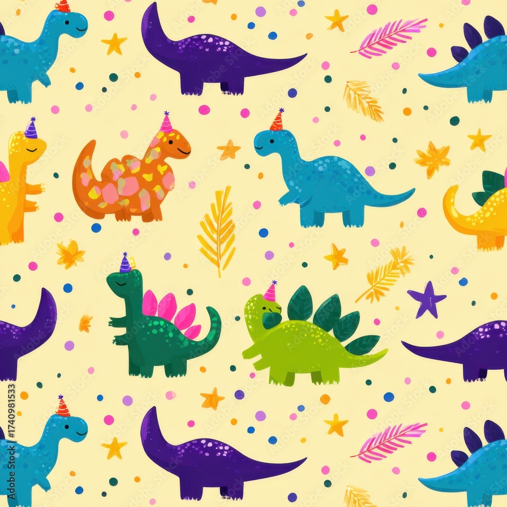 Fototapeta premium Colorful Dinosaurs in Party Hats: Vibrant Cartoon Design with Fun Patterns and Whimsical Shapes on a Yellow Background for a Cheerful Kids' Birthday Celebration Adventure