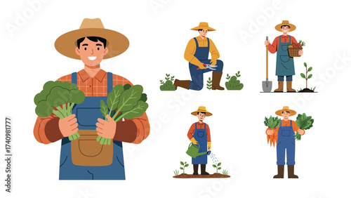 Farmers in Various Poses Planting, Harvesting, and Gardening in a Farm Setting