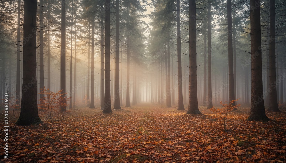 Obraz premium Generative AI image of a cinematic autumn landscape with colorful fall trees, golden leaves, misty forest path, lake reflections, warm sunlight, vibrant nature, realistic fall scenery