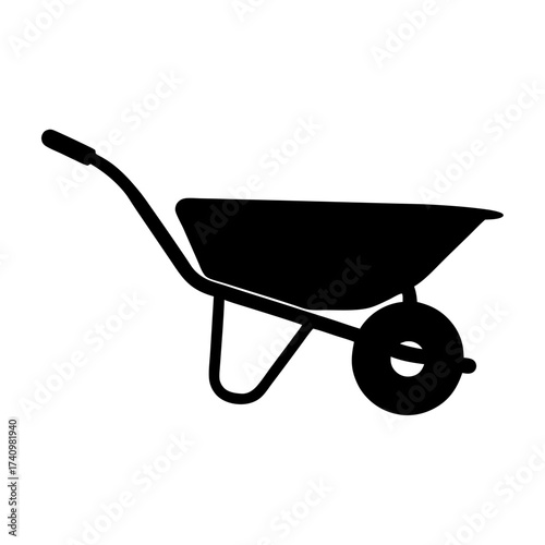 Black silhouette of a traditional one wheeled garden wheelbarrow for hauling items