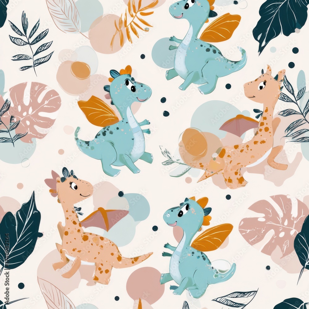 Obraz premium Whimsical Cartoon Dragons and Dinosaurs: Cute, Playful Characters in Blue, Orange, and Green with Wings, Spots, and Leaves - Cheerful Fantasy Illustrations for Children’s Art and Design