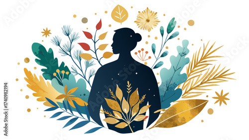 Silhouette of a person surrounded by colorful abstract botanical elements