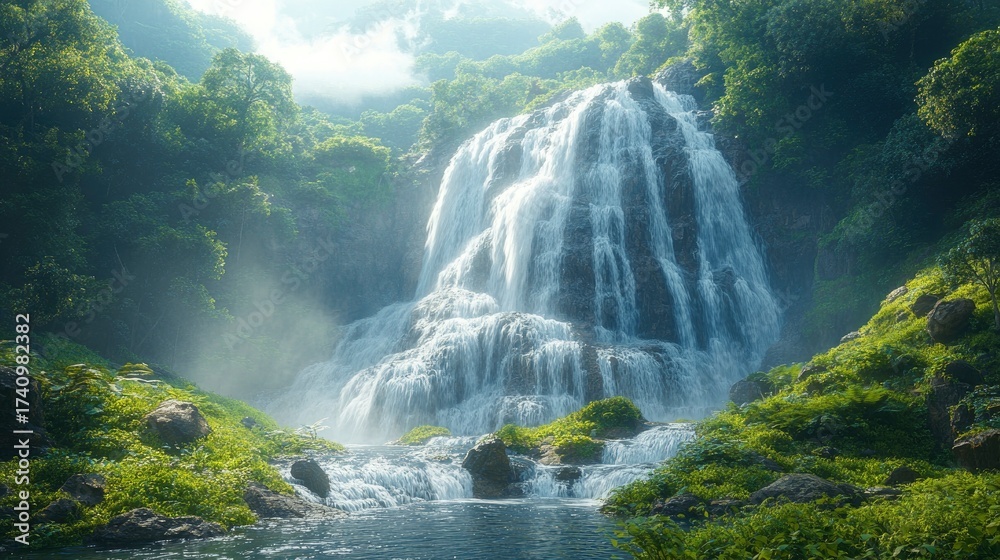 Fototapeta premium Majestic Waterfall Flows through Lush Green Forest Landscape