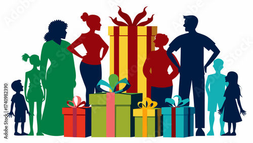 Diverse family silhouette with colorful gift boxes and presents