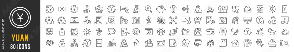 Obraz premium Yuan CNY web icon set. Payment, banknotes, exchange, price, cash, coins, bank, earning, money bag, finance, shop, income, piggy, invest, business, pack. Vector illustration collection.