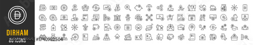 Dirham web icon set. Payment, banknotes, exchange, price, cash, coins, bank, earning, money bag, finance, shop, income, piggy, invest, business, pack. Vector illustration collection.