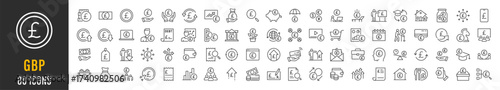 British Pound Sterling web icon set. Payment, banknotes, exchange, price, cash, coins, bank, earning, money bag, finance, shop, income, piggy, invest, business, pack. Vector illustration collection.