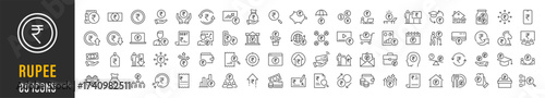 Rupee web icon set. Payment, banknotes, exchange, price, cash, coins, bank, earning, money bag, finance, shop, income, piggy, invest, business, pack. Vector illustration collection.