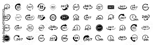 24 7 icon set. The 24 hour. 24 hours 7 days in week support. Banner 24/7 service. Assistance and call center. Support. Help. Vector illustration.