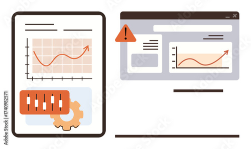 Analytical chart with growth trend, error alert, settings gear, candlestick chart on report, and online dashboard. Ideal for analytics, data issues, business growth, performance monitoring