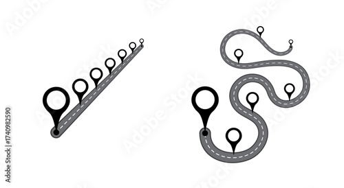 Location pin markers, line with turn, curve, straight road vector design. Simple and complex difficult complicated business process solution. Gps map markers illustration isolated on white. 