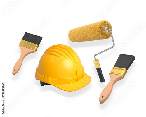 Safety helmet with paintbrushes and roller isolated on white background. Concept of painting, renovation, and construction
