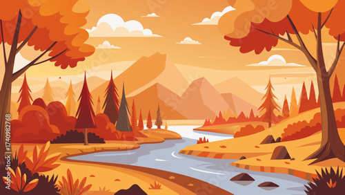 Autumn landscape with winding river and distant mountains