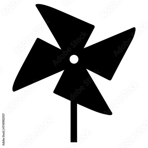 Black silhouette of a four bladed pinwheel on a stick with white circle