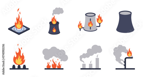 Industrial fire and smoke icons set featuring burning flames and factory elements
