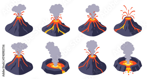 Flat style volcanic eruptions explosive lava flow smoke and ash icons collection
