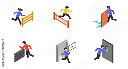 Isometric people overcoming obstacles: gates, walls, and doors
