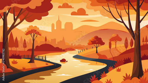 Autumn landscape with river and city skyline in warm orange tones