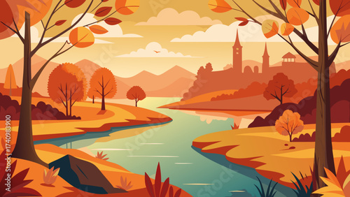 Autumn landscape with a river and distant castle