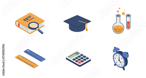 Education icons: graduation cap, books, calculator, ruler, alarm clock, chemistry set