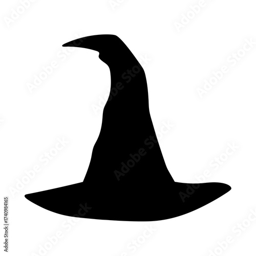 Simple black silhouette of a classic pointy witch hat on white background