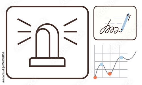 Alarm light with alert rays, document signed with pen, and graph with data points. Ideal for business, emergency, notification, analysis, agreement productivity management. Simple flat metaphor