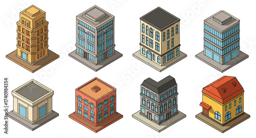 Isometric urban buildings collection with diverse architectural styles