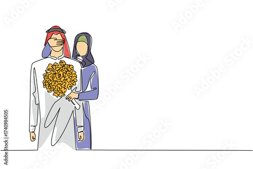 Single continuous line drawing an arab woman standing behind an arab man while covering his eyes with her hands. Romantic place to celebrate happiness. Surprise. One line design vector illustration