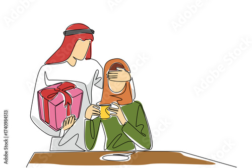 Continuous one line drawing an arab man standing behind an arab woman who is sitting enjoying coffee. Special surprise in the morning. Spouse. Surprise. Single line draw design vector illustration