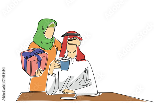 Single continuous line drawing an arab woman standing behind an arab man who sitting enjoying coffee. Surprise anytime anywhere. Happiness. Share. Love. Surprise. One line design vector illustration
