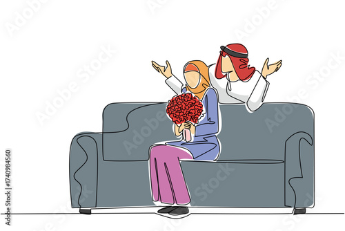 Single one line drawing an arab man standing behind an arab woman sitting on sofa holding bouquet of flowers. Start the day with little surprise. Surprise. Continuous line design graphic illustration