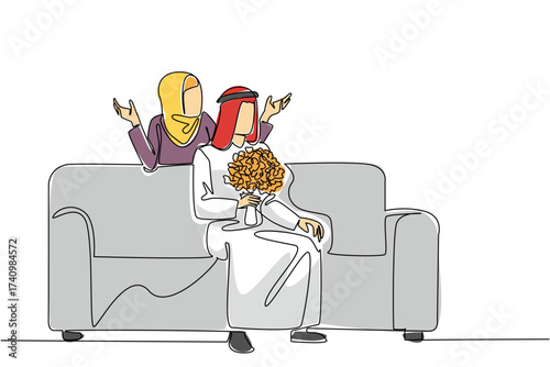 Single continuous line drawing an arab woman standing behind an arab man sitting on sofa holding bouquet of flowers. End the day with something beautiful. Surprise. One line design vector illustration