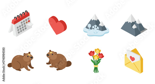 Isometric icons set: calendars, hearts, mountains, beavers, flowers, envelopes