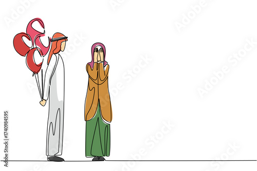 Continuous one line drawing an arab man stands while carrying number of balloons behind his body. There are many ways to make beloved wife happy. Surprise. Single line draw design vector illustration