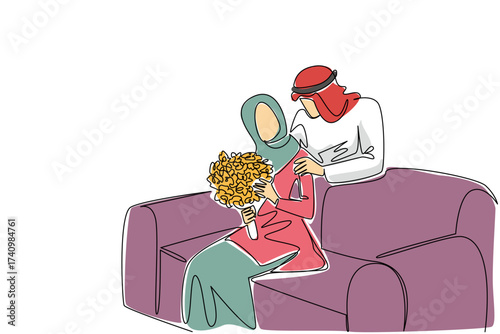 Continuous one line drawing an arab woman sitting on a sofa holding bouquet of flowers as a gift from her beloved husband. Happiness in marriage. Surprise. Single line draw design vector illustration