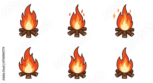 Collection of cartoon campfires in various styles on white background