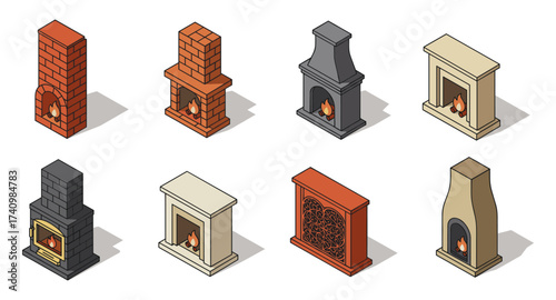 Diverse isometric fireplace designs for cozy interiors and architectural inspiration
