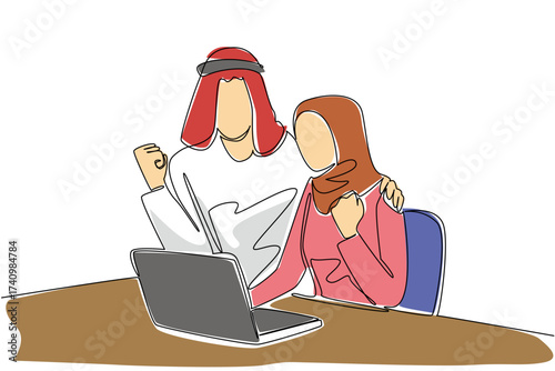 Continuous one line drawing an arab woman sitting on a chair looking at a laptop. The happy feeling of winning a quiz online. An impression gift. Surprise. Single line draw design vector illustration